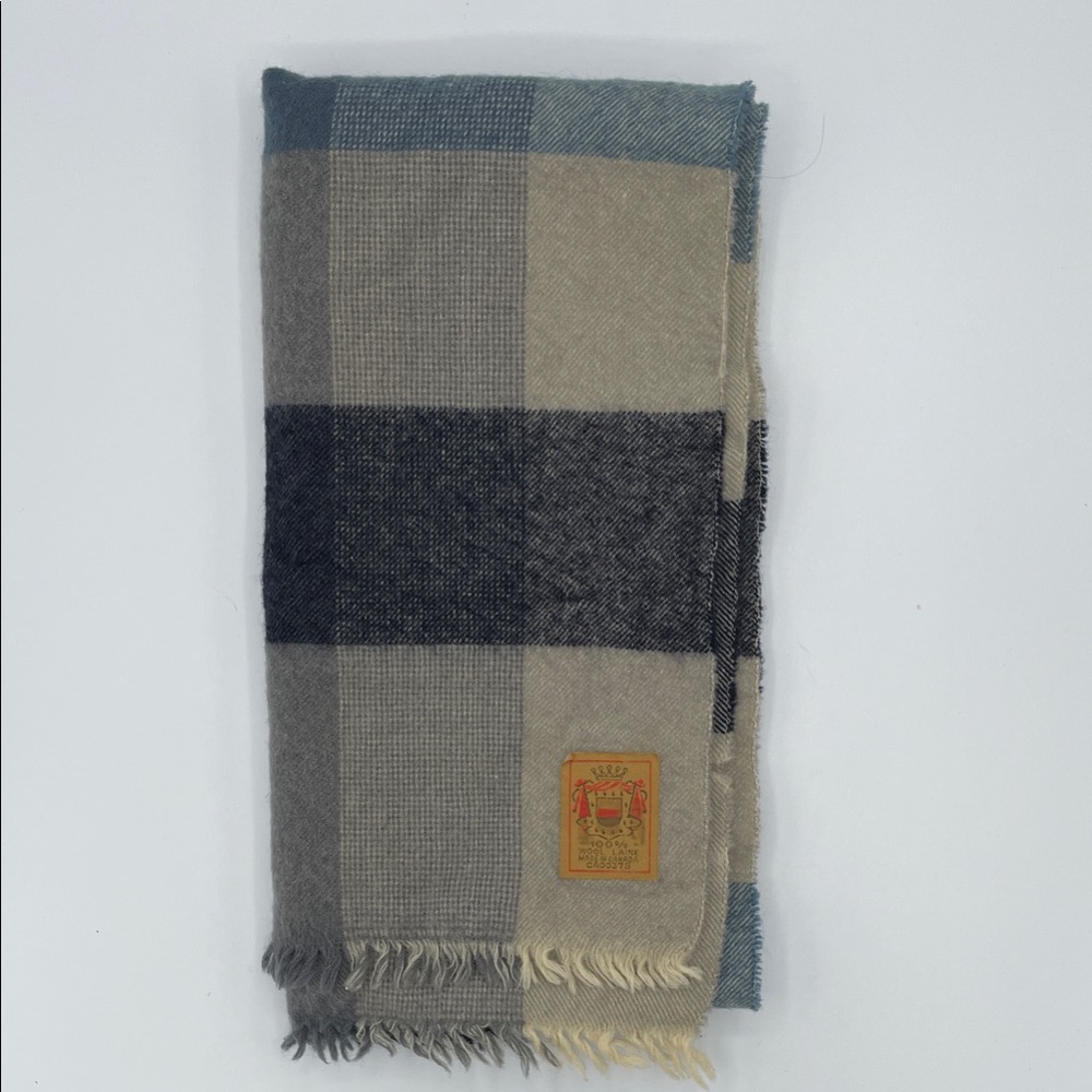 Vintage Plaid 100% Wool Scarf in Blue, Gray and Cream Made in Canada 46x12